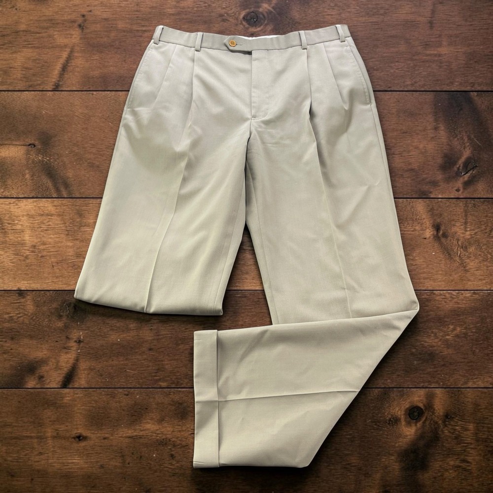 Brooks Brothers 346 Madison Fit Mens Tan Wool Pleated Cuffed Dress Pants 36x32